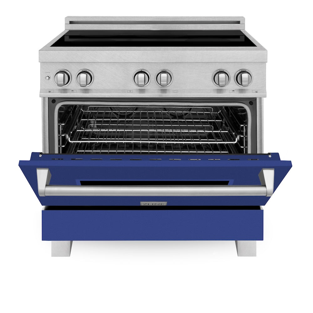 ZLINE 36 in. 4.6 cu. ft. Legacy Induction Range with 5 Element Cooktop and Electric Oven in Satin Stainless Steel and Blue Matte Door, Open Box-Good Condition