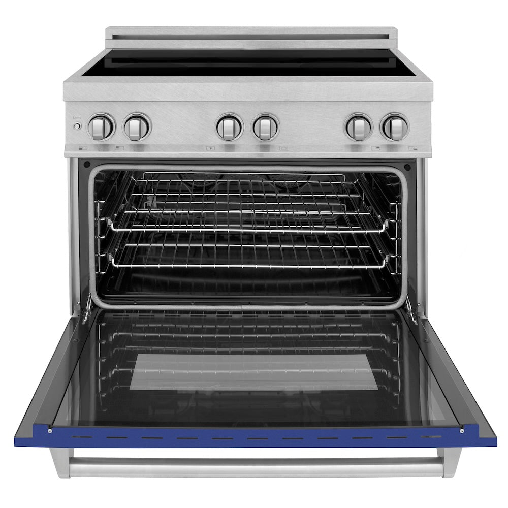 ZLINE 36 in. 4.6 cu. ft. Legacy Induction Range with 5 Element Cooktop and Electric Oven in Satin Stainless Steel and Blue Matte Door, Open Box-Good Condition