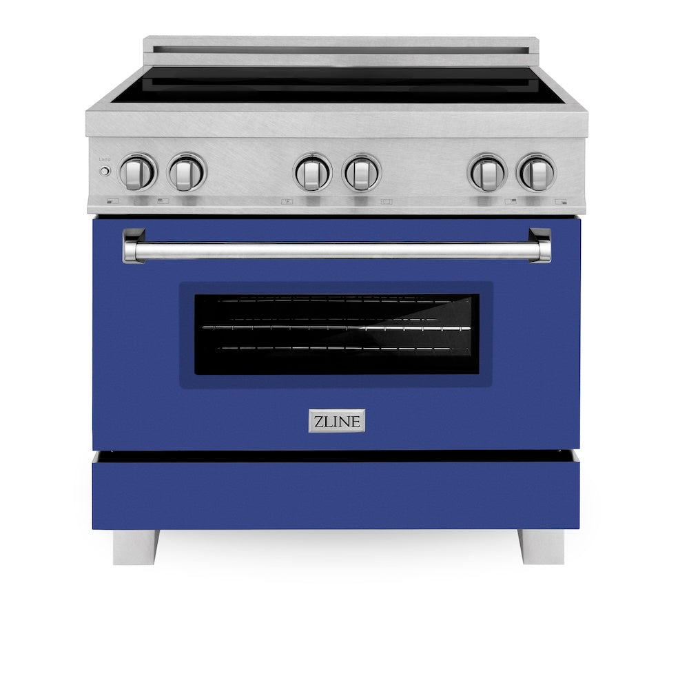 ZLINE 36 in. 4.6 cu. ft. Legacy Induction Range with 5 Element Cooktop and Electric Oven in Satin Stainless Steel and Blue Matte Door, Open Box-Good Condition