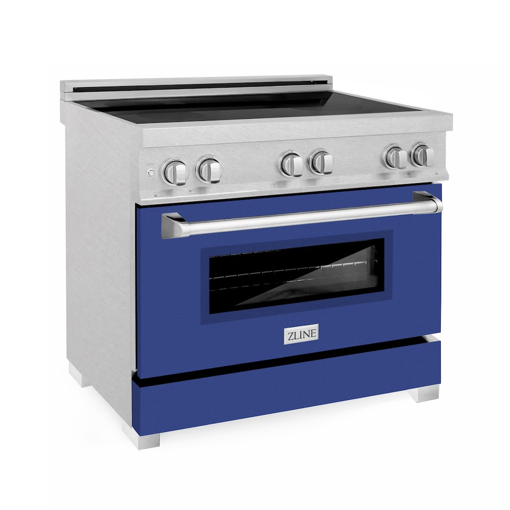 ZLINE 36 in. 4.6 cu. ft. Legacy Induction Range with 5 Element Cooktop and Electric Oven in Satin Stainless Steel and Blue Matte Door, Open Box-Good Condition