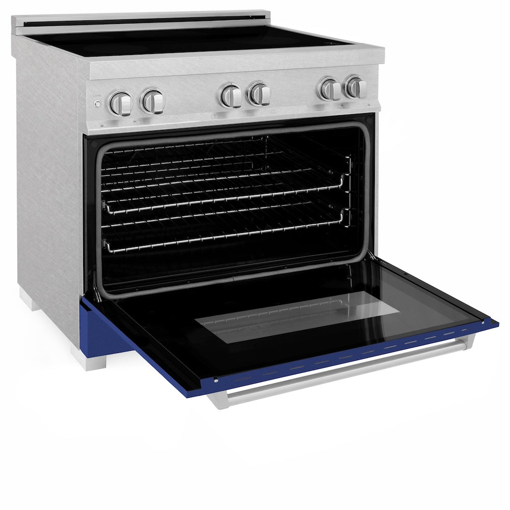 ZLINE 36 in. 4.6 cu. ft. Legacy Induction Range with 5 Element Cooktop and Electric Oven in Satin Stainless Steel and Blue Matte Door, Open Box-Good Condition