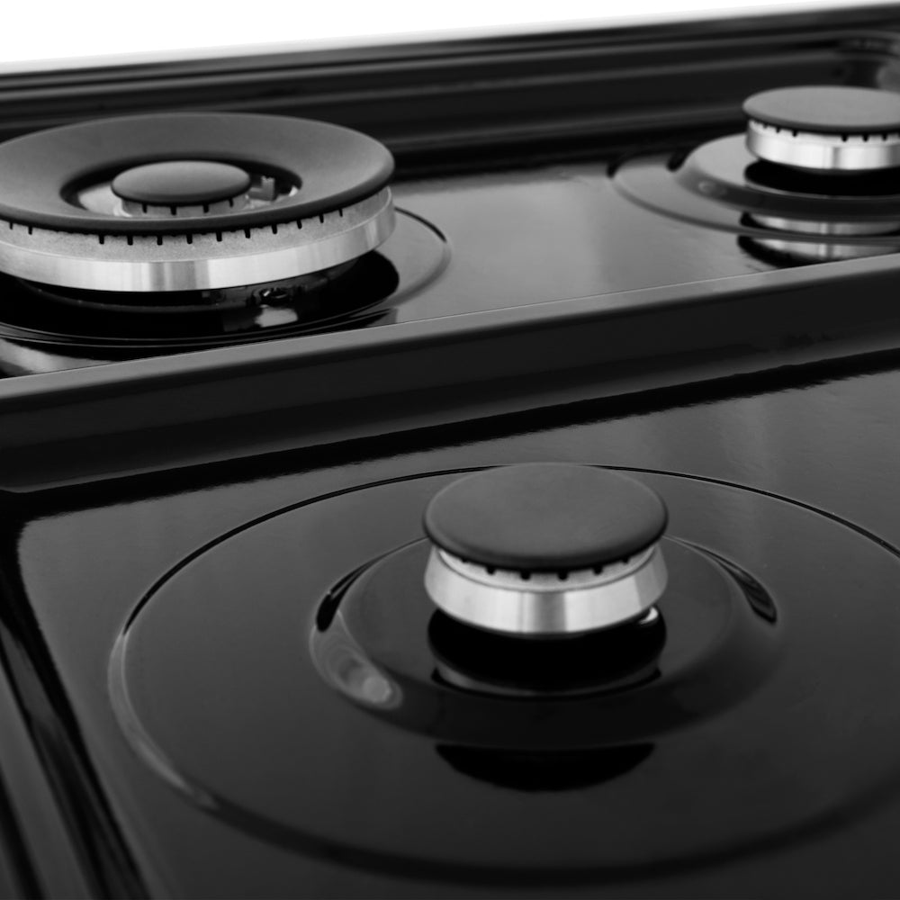 ZLINE burners on black porcelain one-piece cooktop without grates.