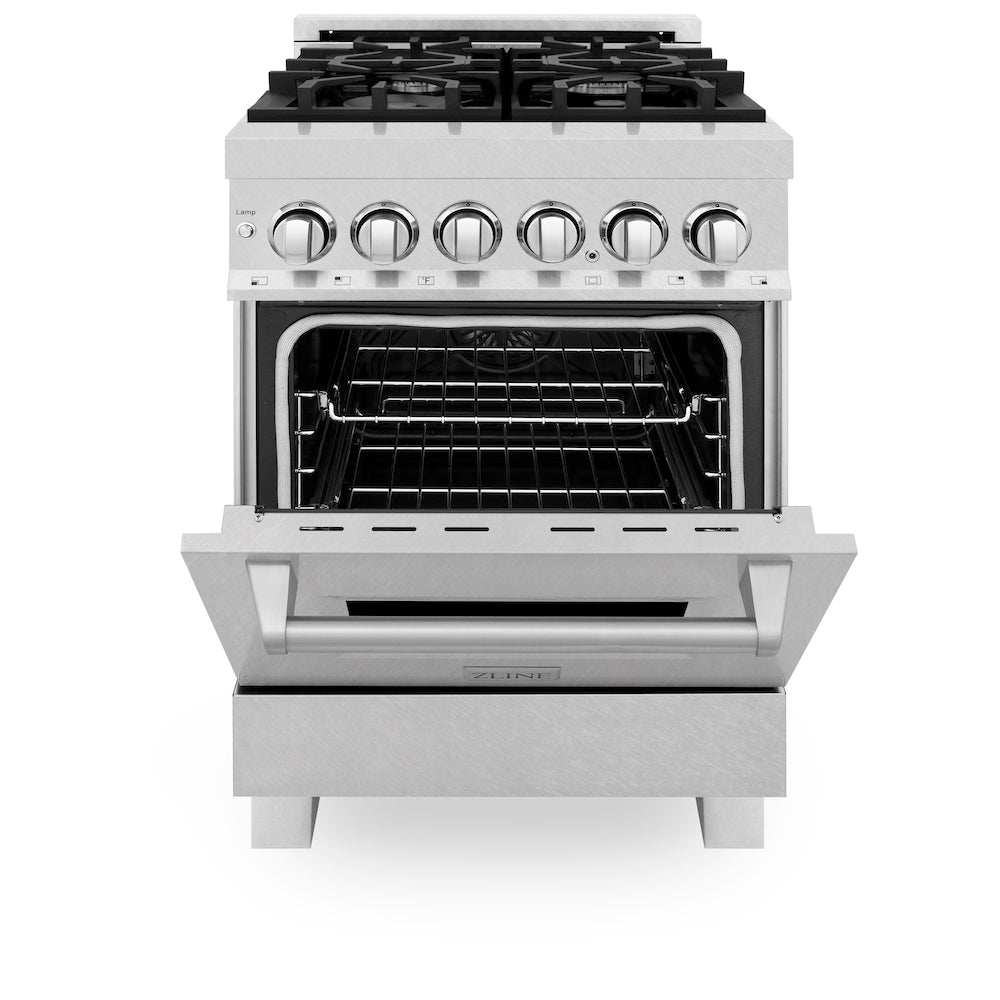 ZLINE 24 in. 2.8 cu. ft. Dual Fuel Range with Gas Stove and Electric Oven in Fingerprint Resistant Stainless Steel (RAS-SN-24) front, oven half open.