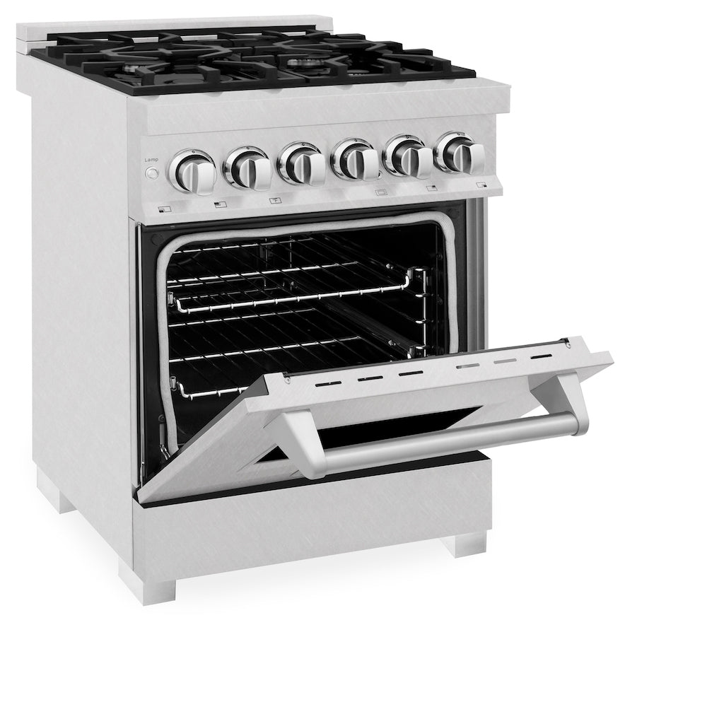 ZLINE 24 in. 2.8 cu. ft. Dual Fuel Range with Gas Stove and Electric Oven in Fingerprint Resistant Stainless Steel (RAS-SN-24) side, oven half open.