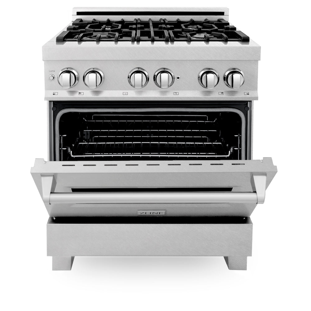 ZLINE 30 in. 4.0 cu. ft. Dual Fuel Range with Gas Stove and Electric Oven in Fingerprint Resistant Stainless Steel (RAS-SN-30) front, oven half open.