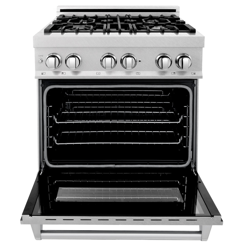 ZLINE 30 in. 4.0 cu. ft. Dual Fuel Range with Gas Stove and Electric Oven in Fingerprint Resistant Stainless Steel (RAS-SN-30) front, oven open.