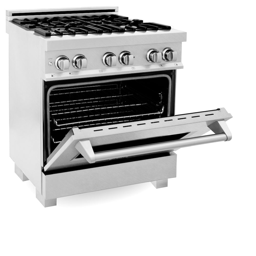 ZLINE 30 in. 4.0 cu. ft. Dual Fuel Range with Gas Stove and Electric Oven in Fingerprint Resistant Stainless Steel (RAS-SN-30) side, oven half open.