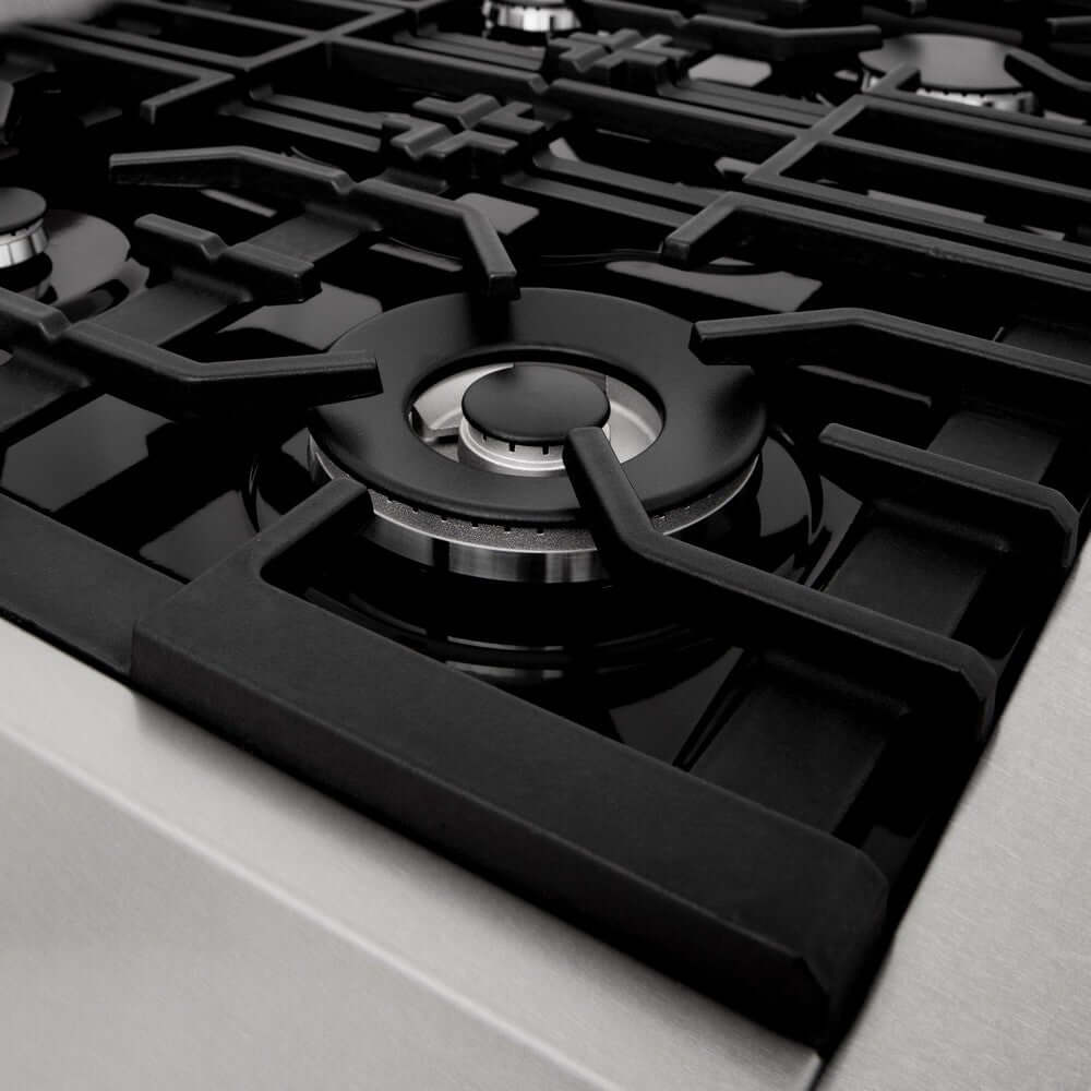 Sealed burners and cast-iron grates on cooktop.