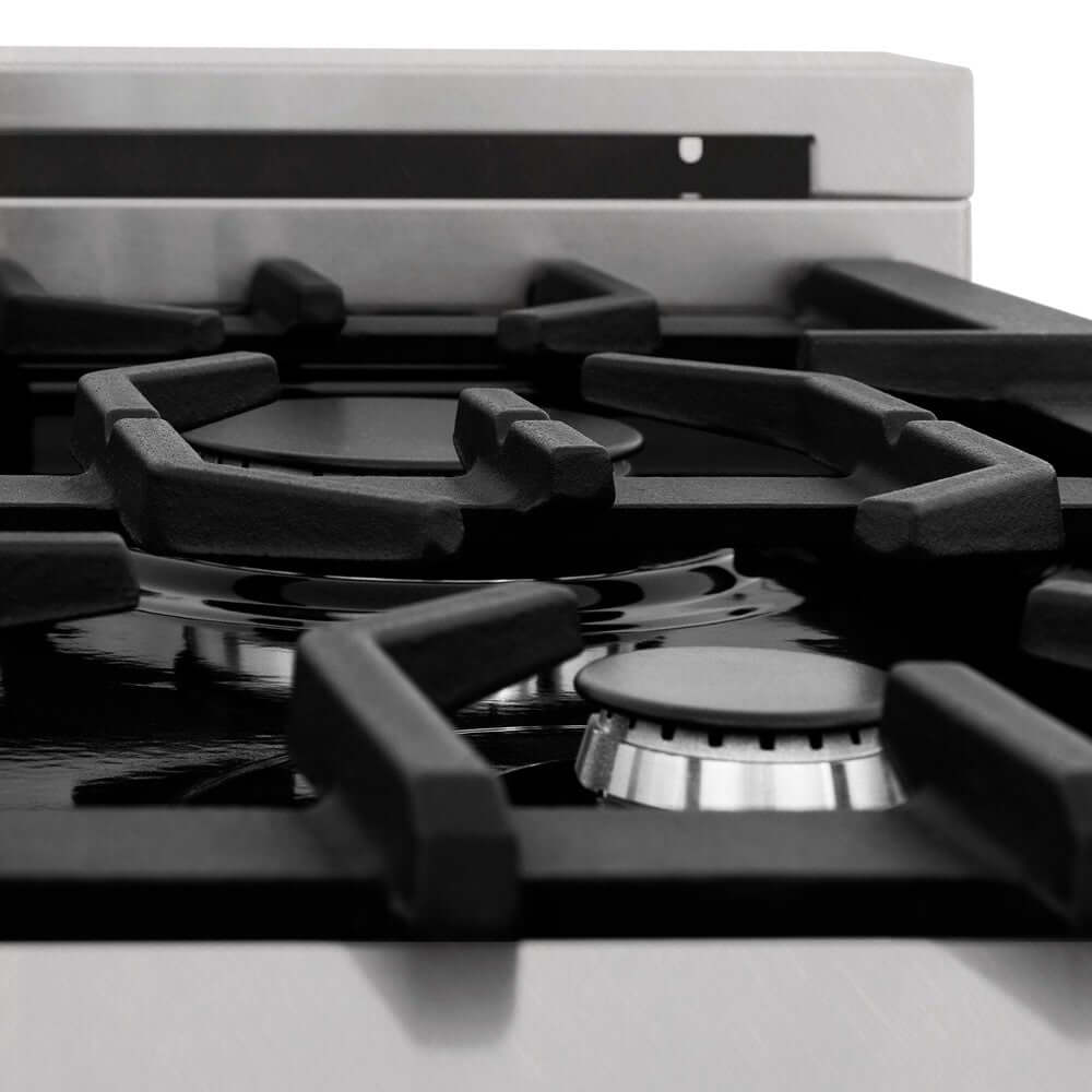 ZLINE sealed burner and cast-iron grates on cooktop from side.