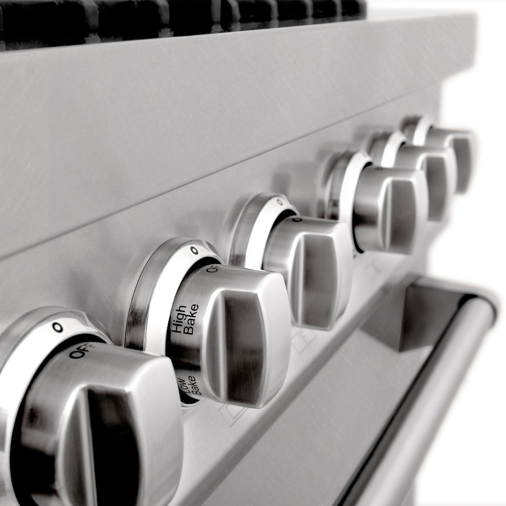 ZLINE DuraSnow stainless steel cooktop and oven control knobs.