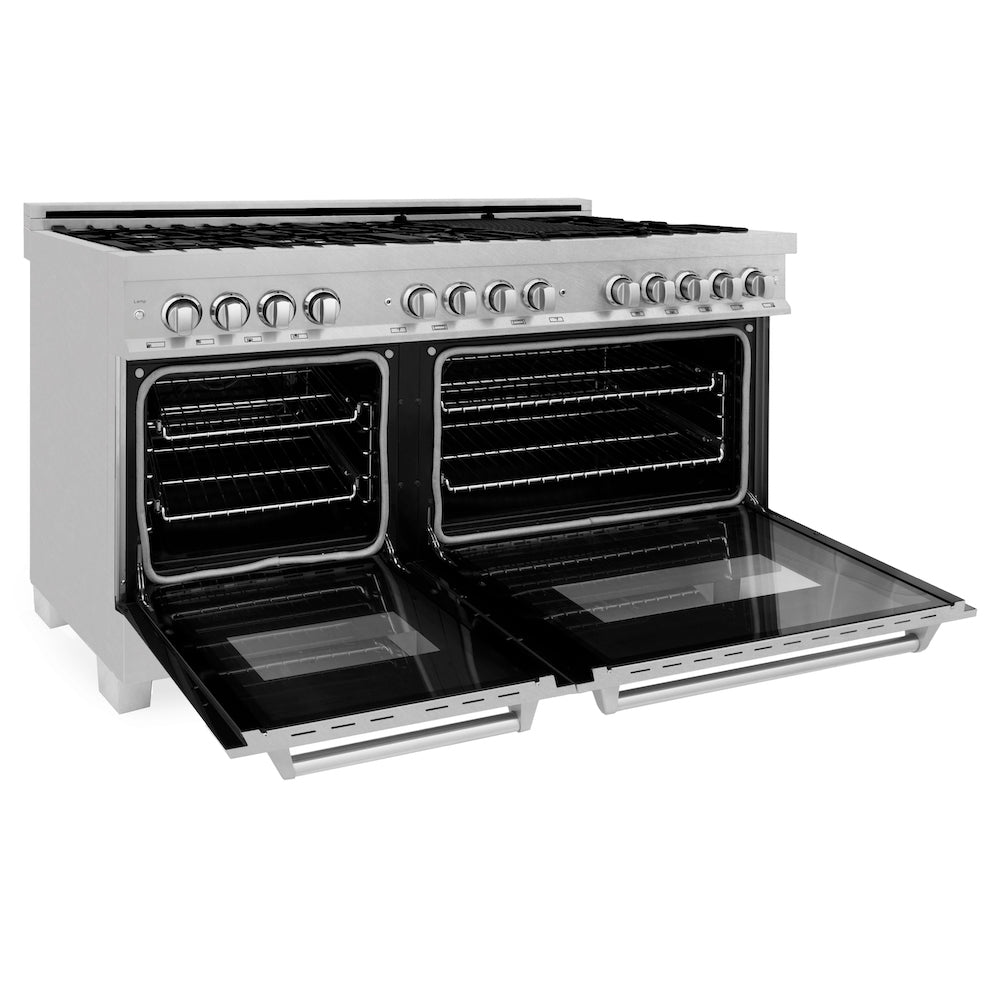 ZLINE 60 in. 7.4 cu. ft. Dual Fuel Range with Gas Stove and Electric Oven in Fingerprint Resistant Stainless Steel (RAS-SN-60) side, oven open.