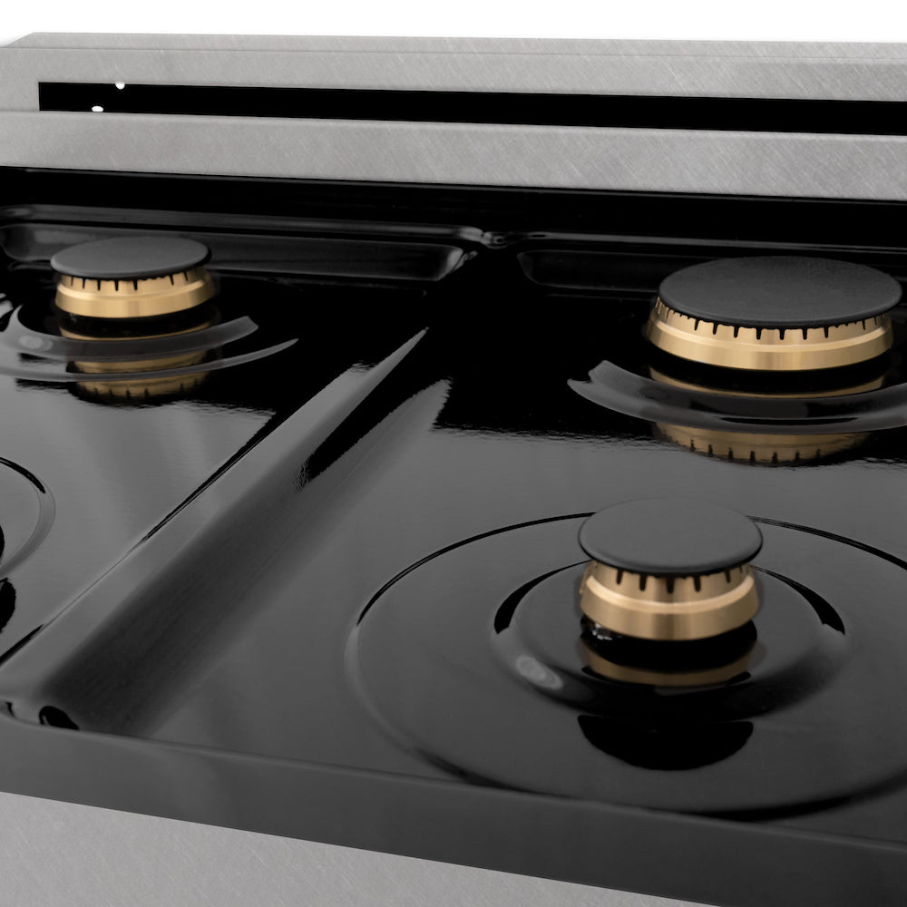 ZLINE brass burners on black porcelain cooktop.