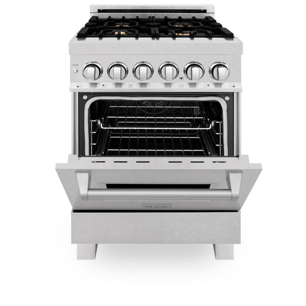 ZLINE 24 in. 2.8 cu. ft. Dual Fuel Range with Gas Stove and Electric Oven in Fingerprint Resistant Stainless Steel with Brass Burners (RAS-SN-BR-24) front, oven half open.