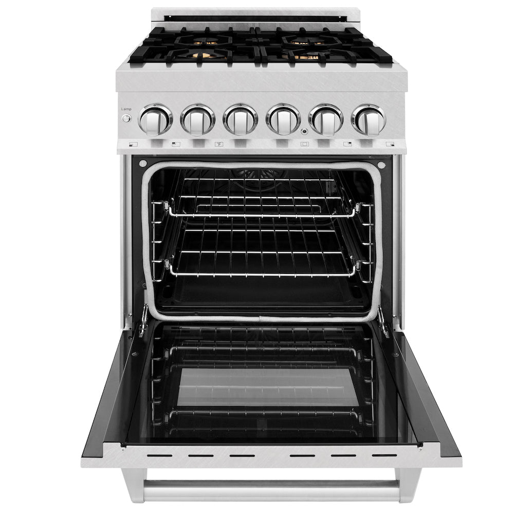 ZLINE 24 in. 2.8 cu. ft. Dual Fuel Range with Gas Stove and Electric Oven in Fingerprint Resistant Stainless Steel with Brass Burners (RAS-SN-BR-24) front, oven open.
