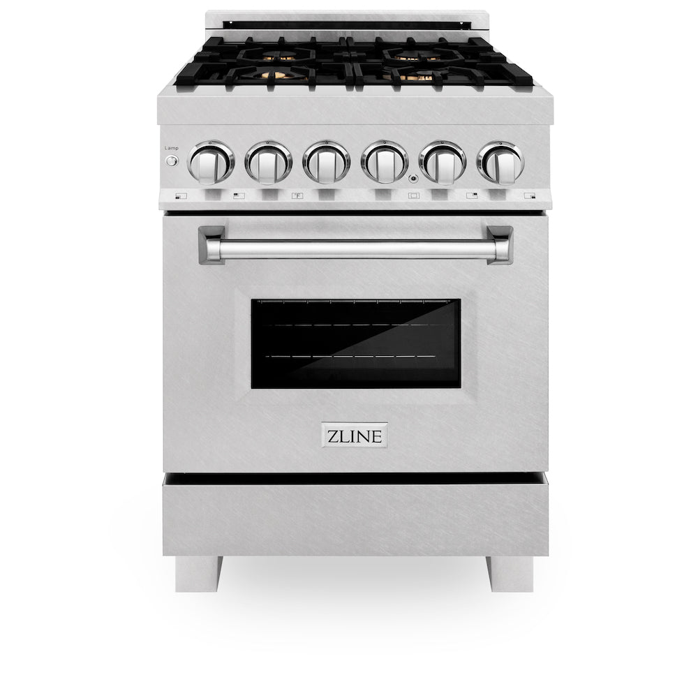 ZLINE 24 in. 2.8 cu. ft. Dual Fuel Range with Gas Stove and Electric Oven in Fingerprint Resistant Stainless Steel with Brass Burners (RAS-SN-BR-24) front, oven closed.