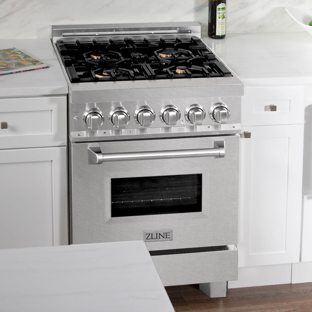 ZLINE 24 in. 2.8 cu. ft. Dual Fuel Range with Gas Stove and Electric Oven in Fingerprint Resistant Stainless Steel with Brass Burners (RAS-SN-BR-24) side, oven closed.