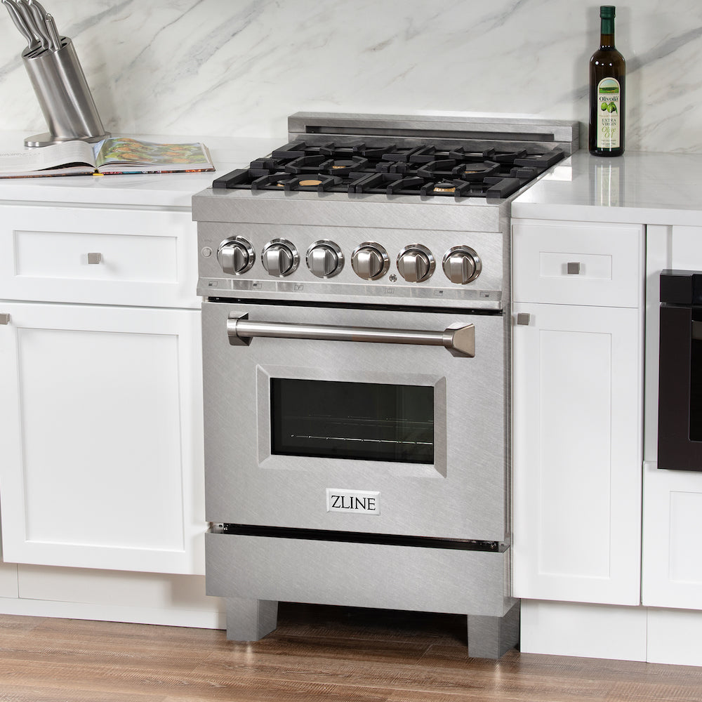 ZLINE 24 in. 2.8 cu. ft. Dual Fuel Range with Gas Stove and Electric Oven in Fingerprint Resistant Stainless Steel with Brass Burners (RAS-SN-BR-24) side, oven closed.