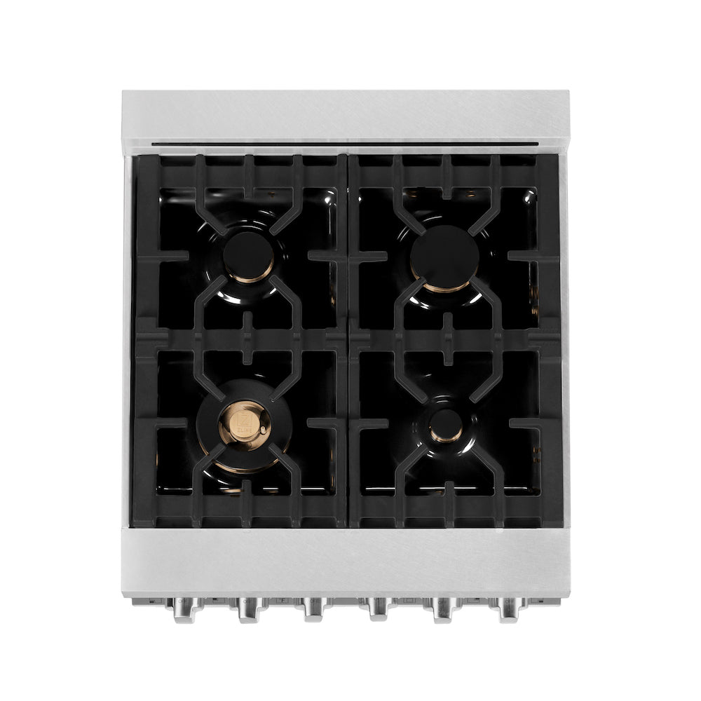 ZLINE 24 in. 2.8 cu. ft. Legacy Dual Fuel Range with Gas Cooktop and Electric Convection Oven in DuraSnow® Stainless Steel with 4 Brass Burners (RAS-SN-BR-24) top-down, above cooktop.