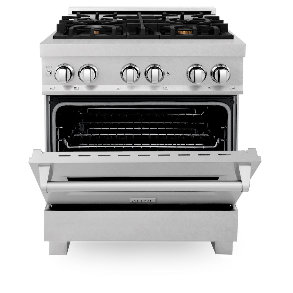 ZLINE 30 in. 4.0 cu. ft. Dual Fuel Range with Gas Stove and Electric Oven in Fingerprint Resistant Stainless Steel and Brass Burners (RAS-SN-BR-30) front, oven half open.