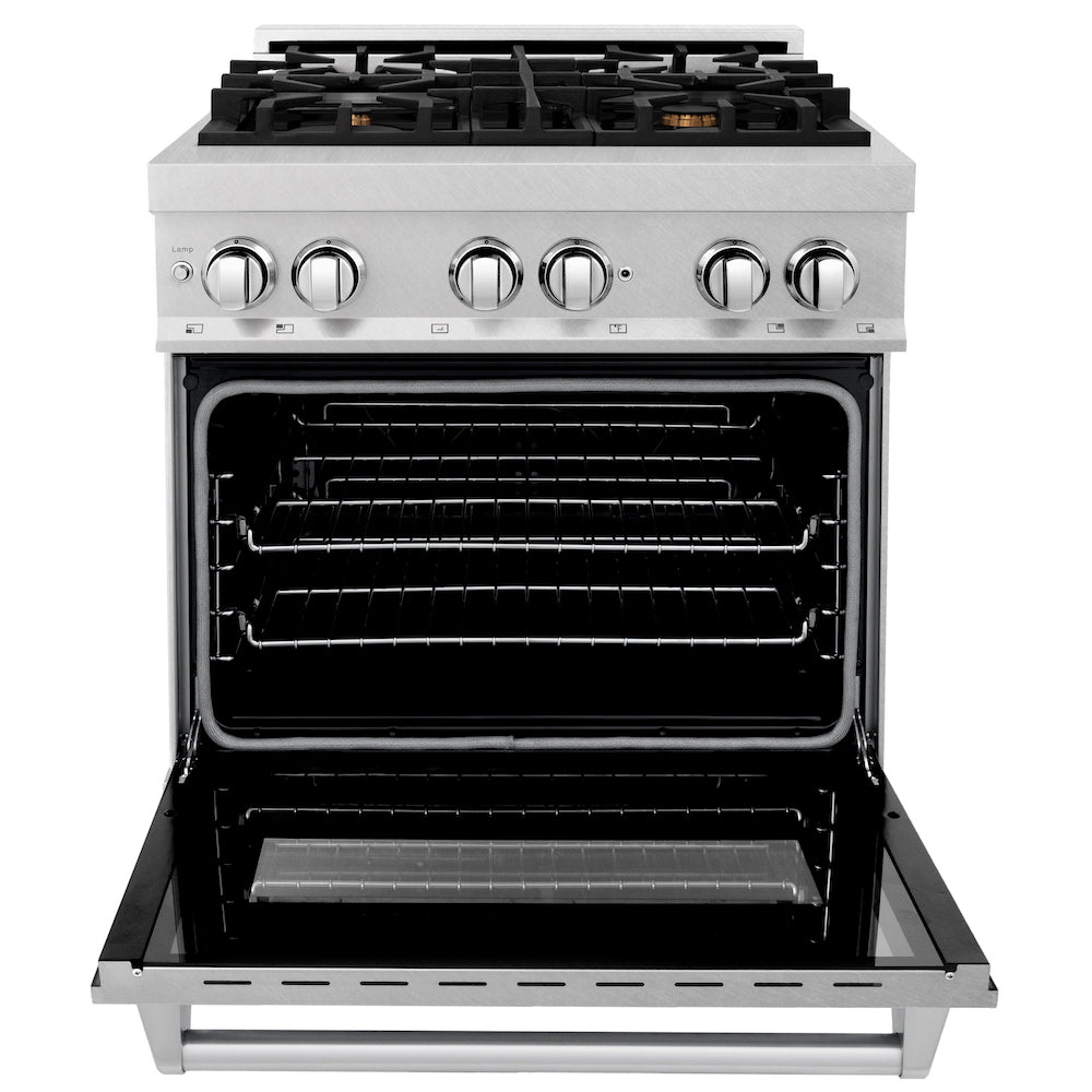 ZLINE 30 in. 4.0 cu. ft. Legacy Dual Fuel Range with Gas Cooktop and Electric Convection Oven in DuraSnow® Stainless Steel with 4 Brass Burners (RAS-SN-BR-30) front, oven open.