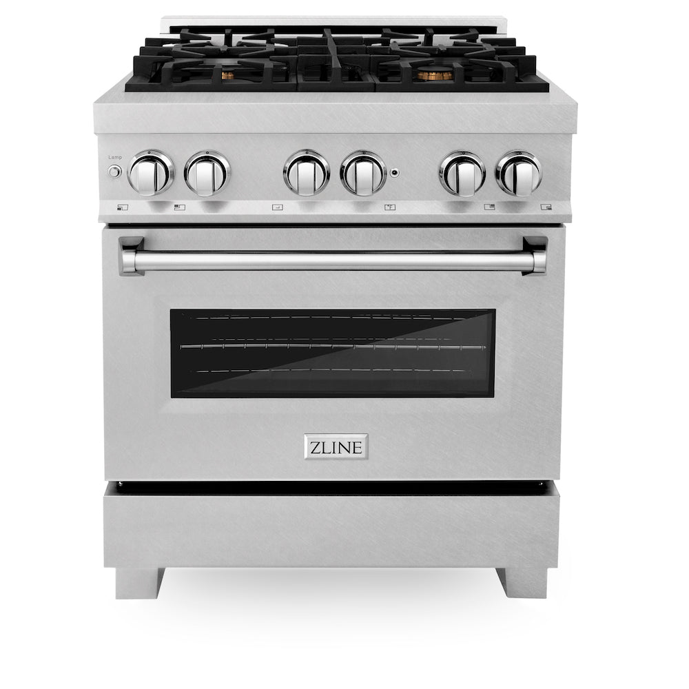 ZLINE 30 in. 4.0 cu. ft. Legacy Dual Fuel Range with Gas Cooktop and Electric Convection Oven in DuraSnow® Stainless Steel with 4 Brass Burners (RAS-SN-BR-30) front, oven closed.