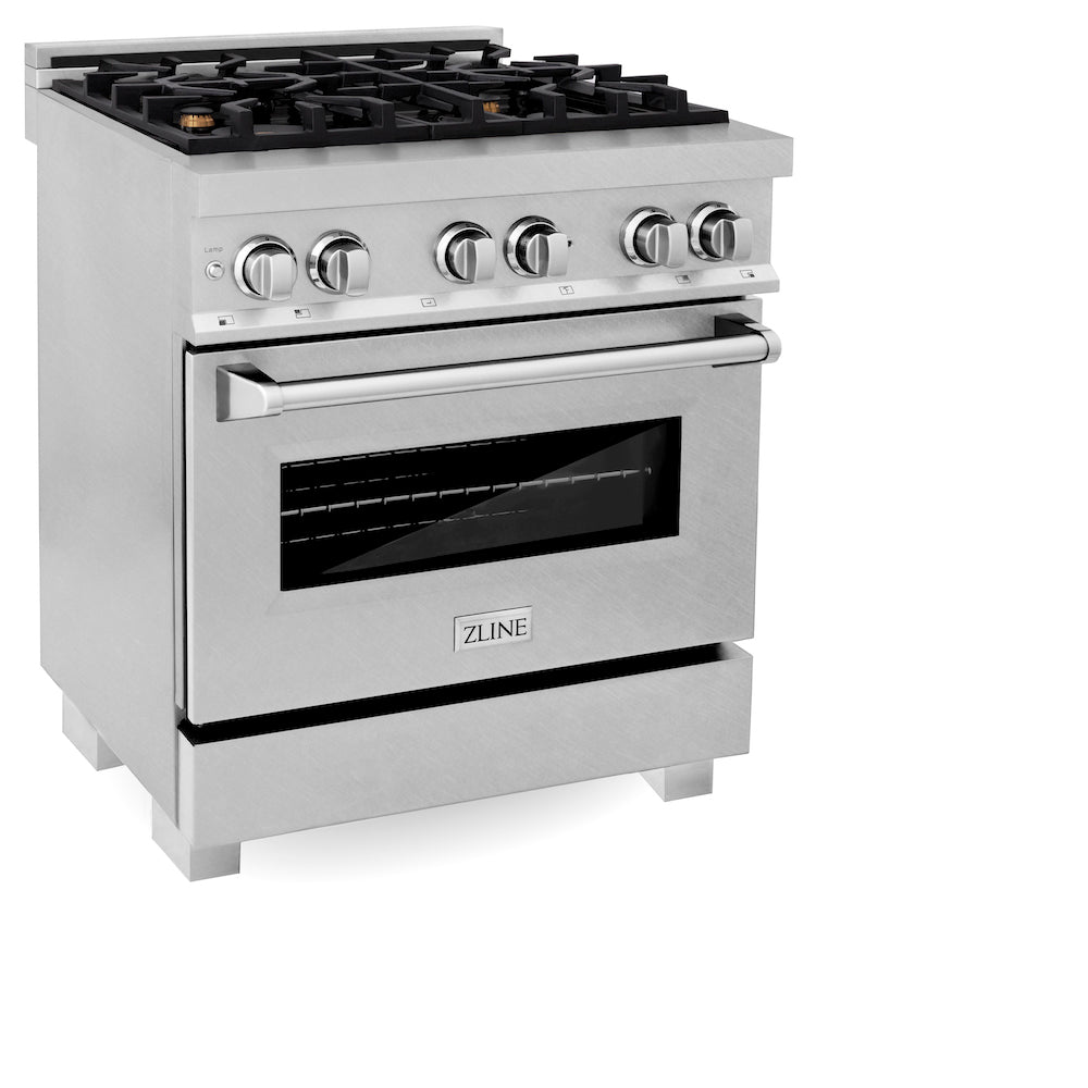 ZLINE 30 in. 4.0 cu. ft. Legacy Dual Fuel Range with Gas Cooktop and Electric Convection Oven in DuraSnow® Stainless Steel with 4 Brass Burners (RAS-SN-BR-30) side, oven closed.