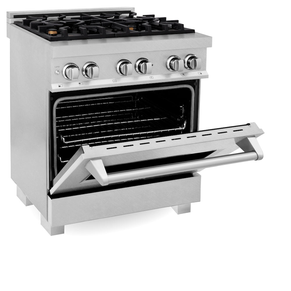 ZLINE 30 in. 4.0 cu. ft. Dual Fuel Range with Gas Stove and Electric Oven in Fingerprint Resistant Stainless Steel and Brass Burners (RAS-SN-BR-30) side, oven half open.