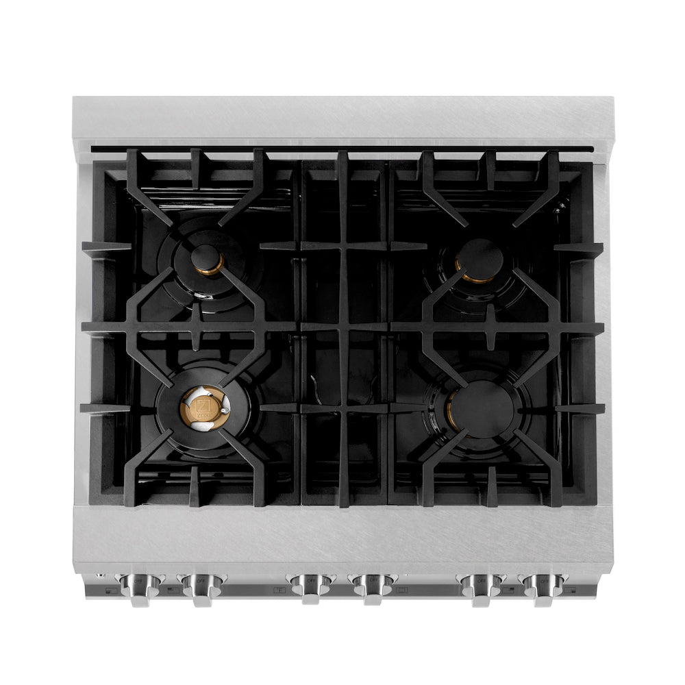 ZLINE 30 in. 4.0 cu. ft. Legacy Dual Fuel Range with Gas Cooktop and Electric Convection Oven in DuraSnow® Stainless Steel with 4 Brass Burners (RAS-SN-BR-30) top-down, above cooktop.