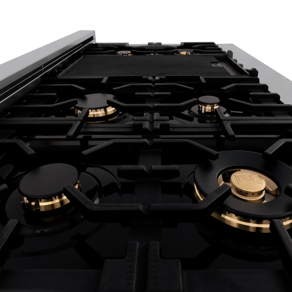 ZLINE 60 in 7.4 cu. ft. Dual Fuel Range with Gas Stove and Electric Oven in Fingerprint Resistant Stainless Steel with Brass Burners (RAS-SN-BR-60) cooktop surface with brass burners, cast-iron grates, and griddle from side.