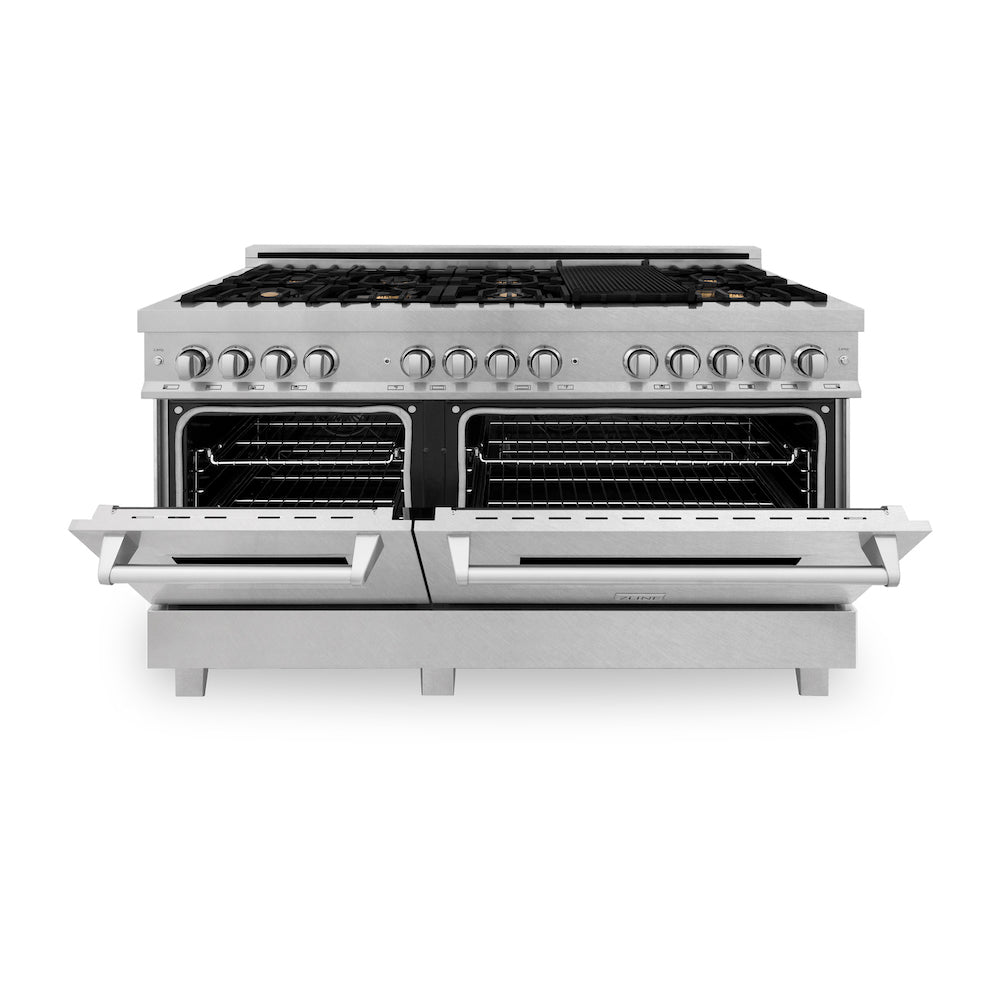 ZLINE 60 in 7.4 cu. ft. Dual Fuel Range with Gas Stove and Electric Oven in Fingerprint Resistant Stainless Steel with Brass Burners (RAS-SN-BR-60) front, oven half open.