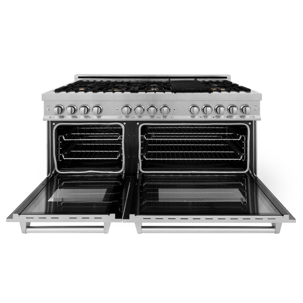 ZLINE 60 in 7.4 cu. ft. Dual Fuel Range with Gas Stove and Electric Oven in Fingerprint Resistant Stainless Steel with Brass Burners (RAS-SN-BR-60) front, oven open.