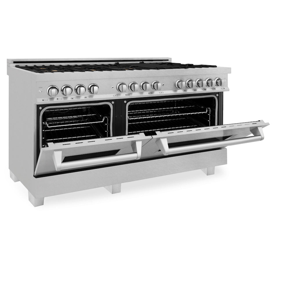 ZLINE 60 in 7.4 cu. ft. Dual Fuel Range with Gas Stove and Electric Oven in Fingerprint Resistant Stainless Steel with Brass Burners (RAS-SN-BR-60) side, oven half open.
