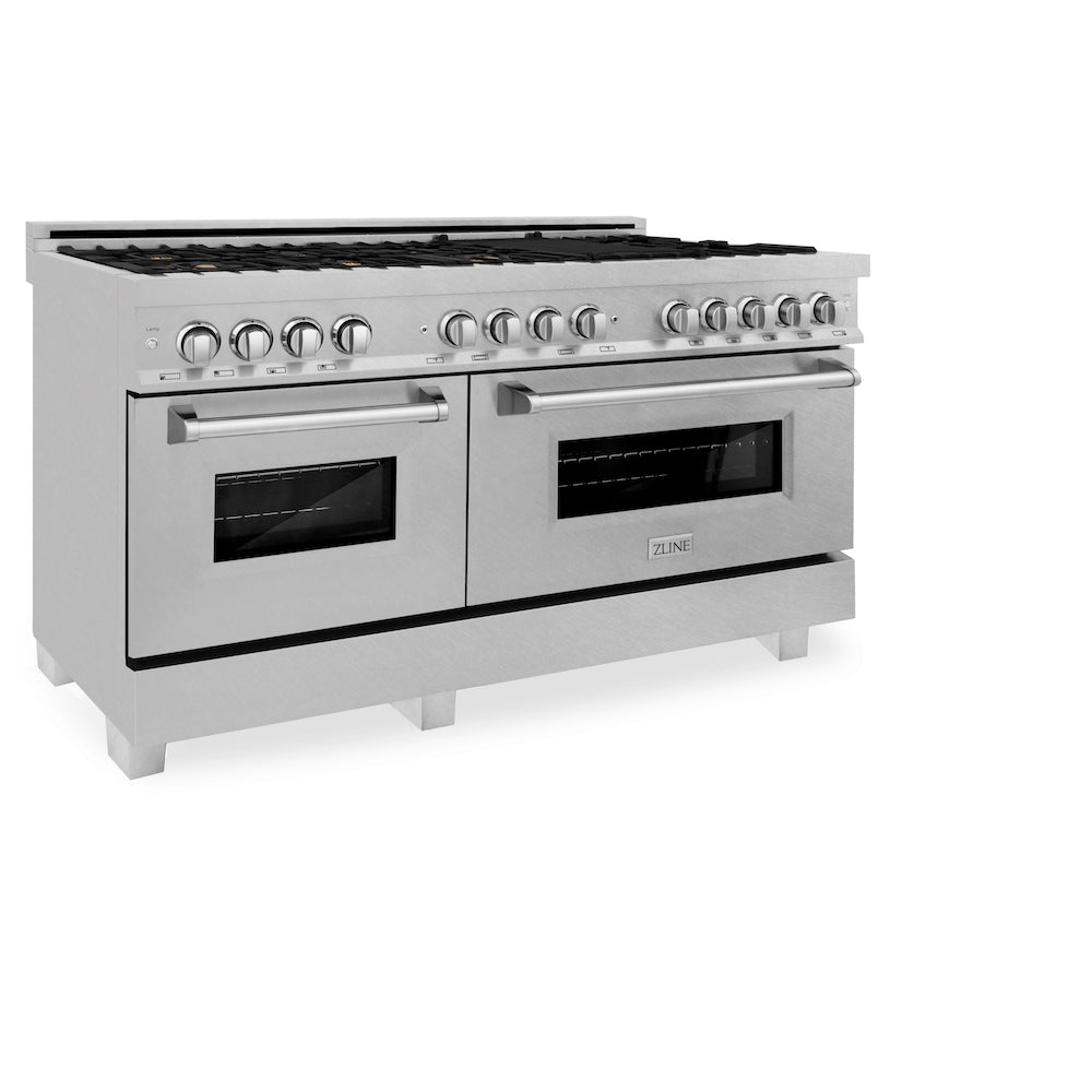 ZLINE 60 in 7.4 cu. ft. Dual Fuel Range with Gas Stove and Electric Oven in Fingerprint Resistant Stainless Steel with Brass Burners (RAS-SN-BR-60) side, oven closed.