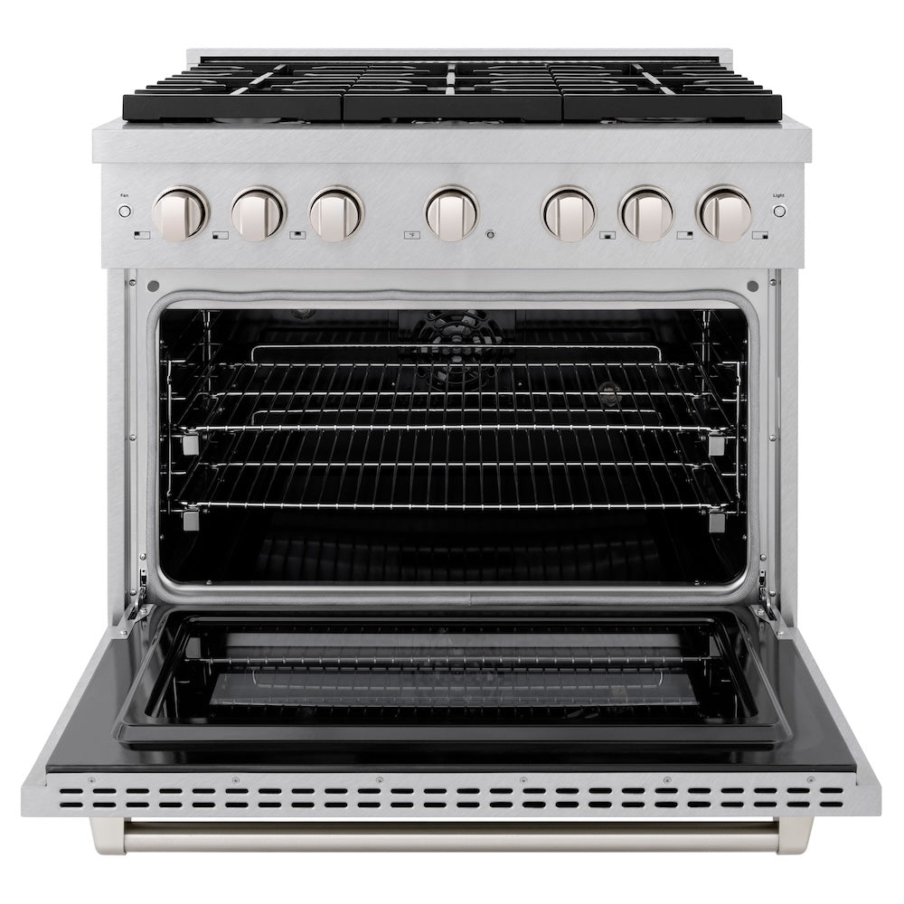 ZLINE 36 in. 5.2 cu. ft. Paramount Dual Fuel Range with 6 Burner Gas Cooktop and Electric Convection Oven in DuraSnow® Stainless Steel (SDRS-36) front, oven open.