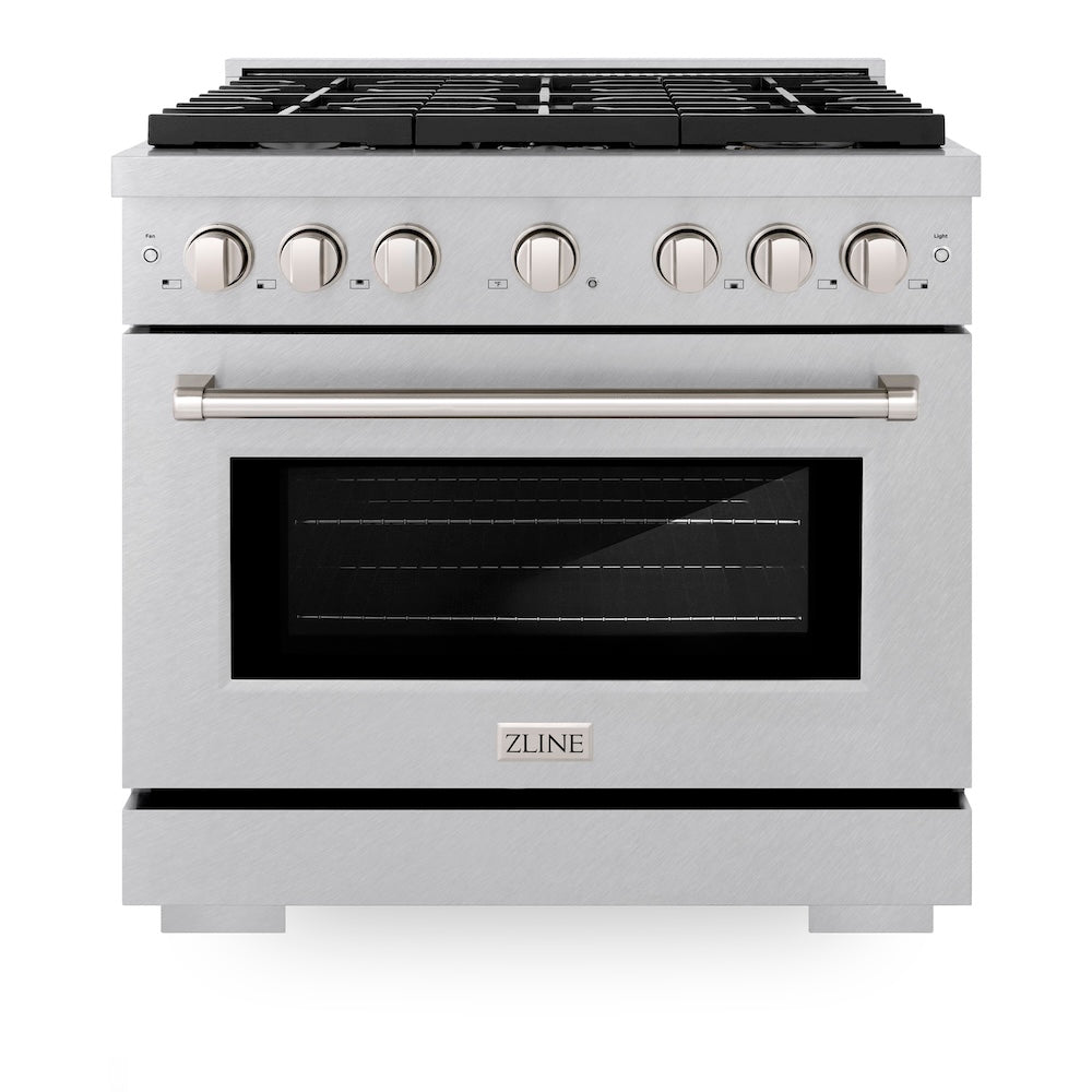 ZLINE 36 in. 5.2 cu. ft. Paramount Dual Fuel Range with Gas Cooktop and Electric Convection Oven in DuraSnow® Stainless Steel with 6 Brass Burners (SDRS-BR-36) front, oven closed.