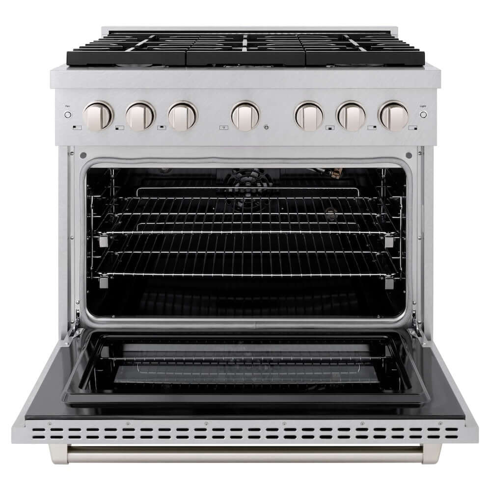 ZLINE 36 in. 5.2 cu. ft. Paramount Gas Range with 6 burner Cooktop and Convection Gas Oven in DuraSnow® Stainless Steel (SGRS-36) front, oven open.