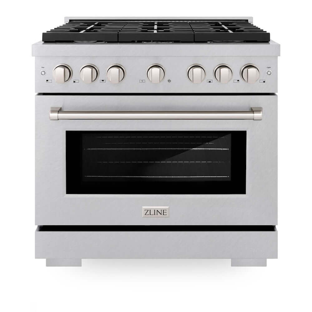 ZLINE 36 in. 5.2 cu. ft. Paramount Gas Range with 6 burner Cooktop and Convection Gas Oven in DuraSnow® Stainless Steel (SGRS-36) front, oven closed.