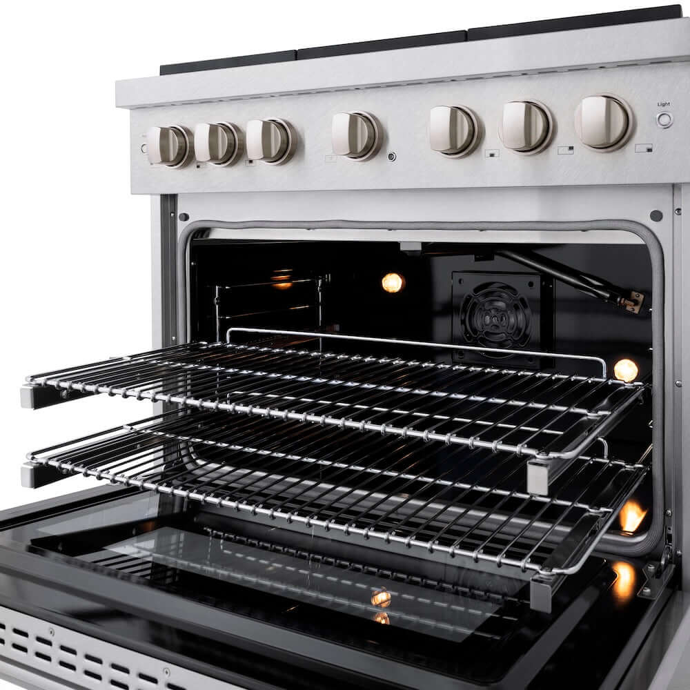 ZLINE 36 in. 5.2 cu. ft. 6 Burner Gas Range with Convection Gas Oven in DuraSnow® Stainless Steel (SGRS-36) front, oven open with racks extended and lighting activated.