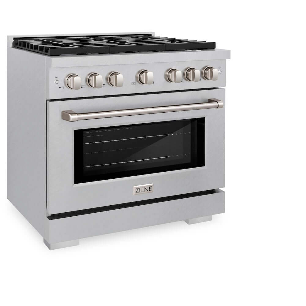 ZLINE 36 in. 5.2 cu. ft. Paramount Gas Range with 6 burner Cooktop and Convection Gas Oven in DuraSnow® Stainless Steel (SGRS-36) side, oven closed.