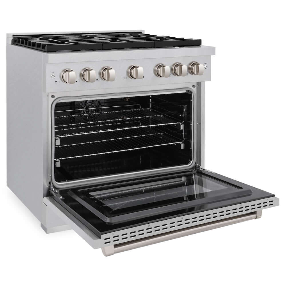 ZLINE 36 in. 5.2 cu. ft. 6 Burner Gas Range with Convection Gas Oven in DuraSnow® Stainless Steel (SGRS-36) side, oven open.