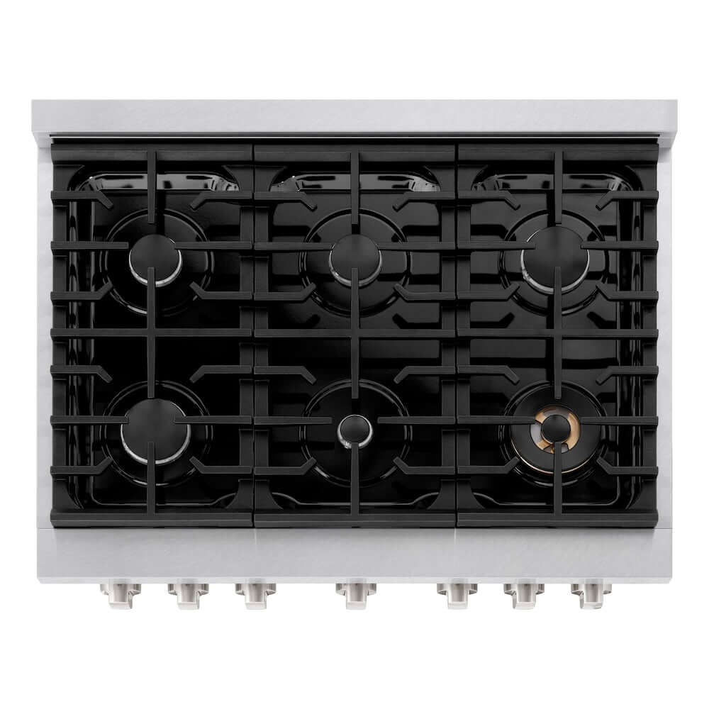 ZLINE 36 in. 5.2 cu. ft. 6 Burner Gas Range with Convection Gas Oven in DuraSnow® Stainless Steel (SGRS-36) from above showing cooktop.