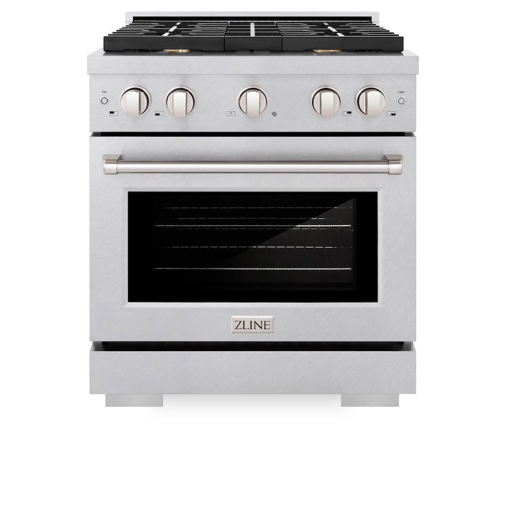 ZLINE 30 in. 4.2 cu. ft. Paramount Gas Range with Convection Gas Oven in DuraSnow® Stainless Steel with 4 Brass Burners (SGRS-BR-30) front, oven closed.