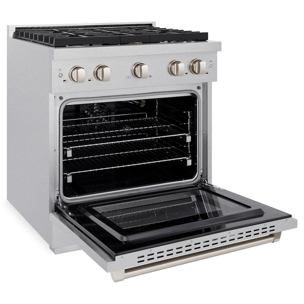 ZLINE 30 in. 4.2 cu. ft. Paramount Gas Range with Convection Gas Oven in DuraSnow® Stainless Steel with 4 Brass Burners (SGRS-BR-30) side, oven open.