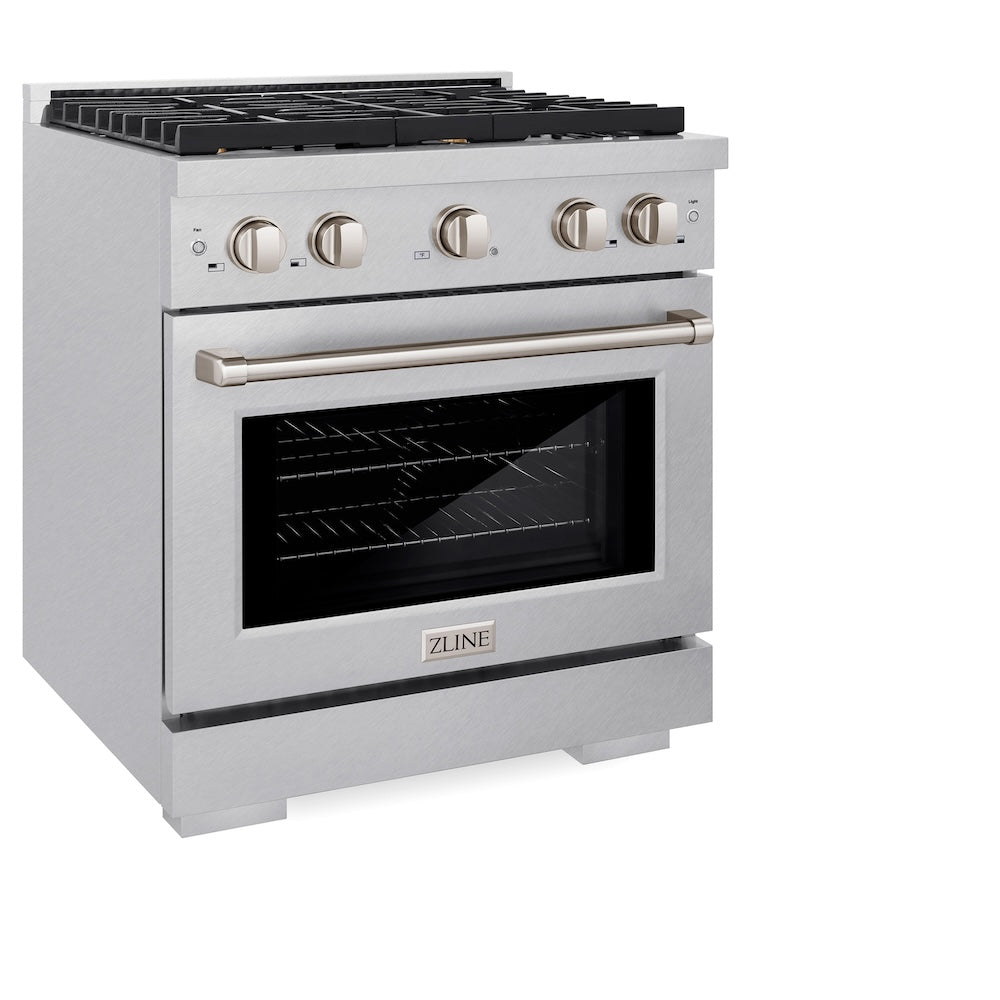 ZLINE 30 in. 4.2 cu. ft. Paramount Gas Range with Convection Gas Oven in DuraSnow® Stainless Steel with 4 Brass Burners (SGRS-BR-30) side, oven closed.