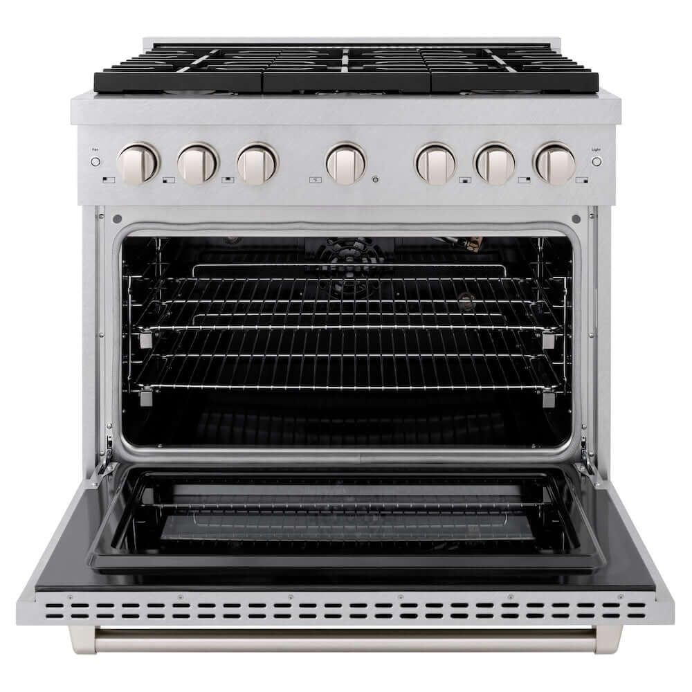 ZLINE 36 in. 5.2 cu. ft. Gas Range with Convection Gas Oven in DuraSnow® Stainless Steel with 6 Brass Burners (SGRS-BR-36) front, oven open.