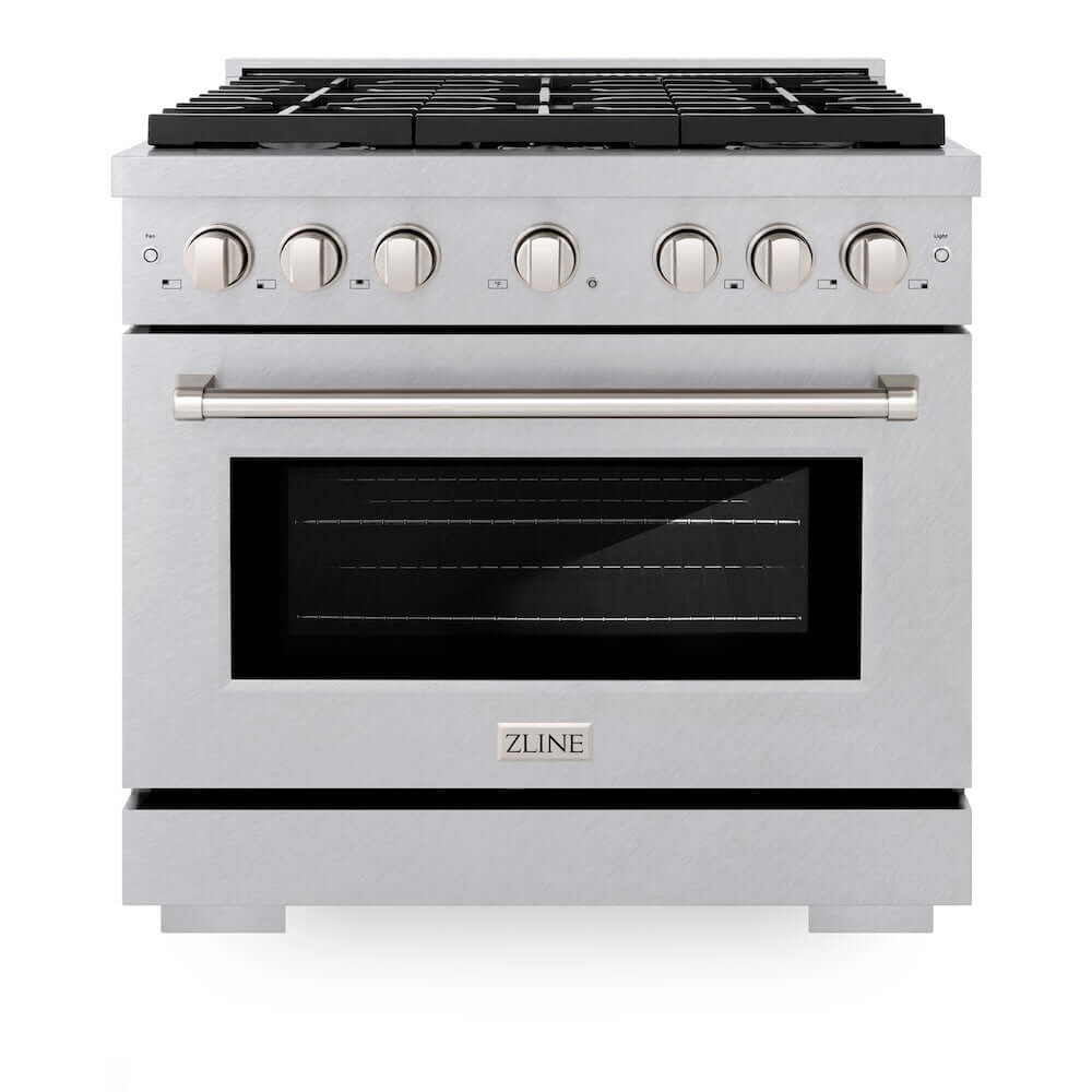 ZLINE 36 in. 5.2 cu. ft. Paramount Gas Range with Convection Gas Oven in DuraSnow® Stainless Steel with 6 Brass Burners (SGRS-BR-36) front, oven closed.