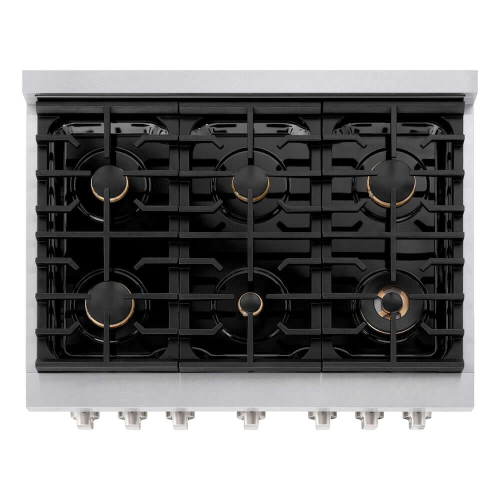 ZLINE 36 in. 5.2 cu. ft. Gas Range with Convection Gas Oven in DuraSnow® Stainless Steel with 6 Brass Burners (SGRS-BR-36) from above showing cooktop.