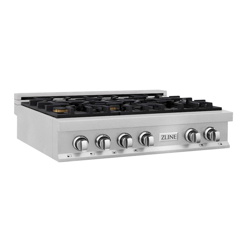 ZLINE 36 in. Porcelain Gas Stovetop in Fingerprint Resistant Stainless Steel with 6 Gas Brass Burners (RTS-BR-36) 