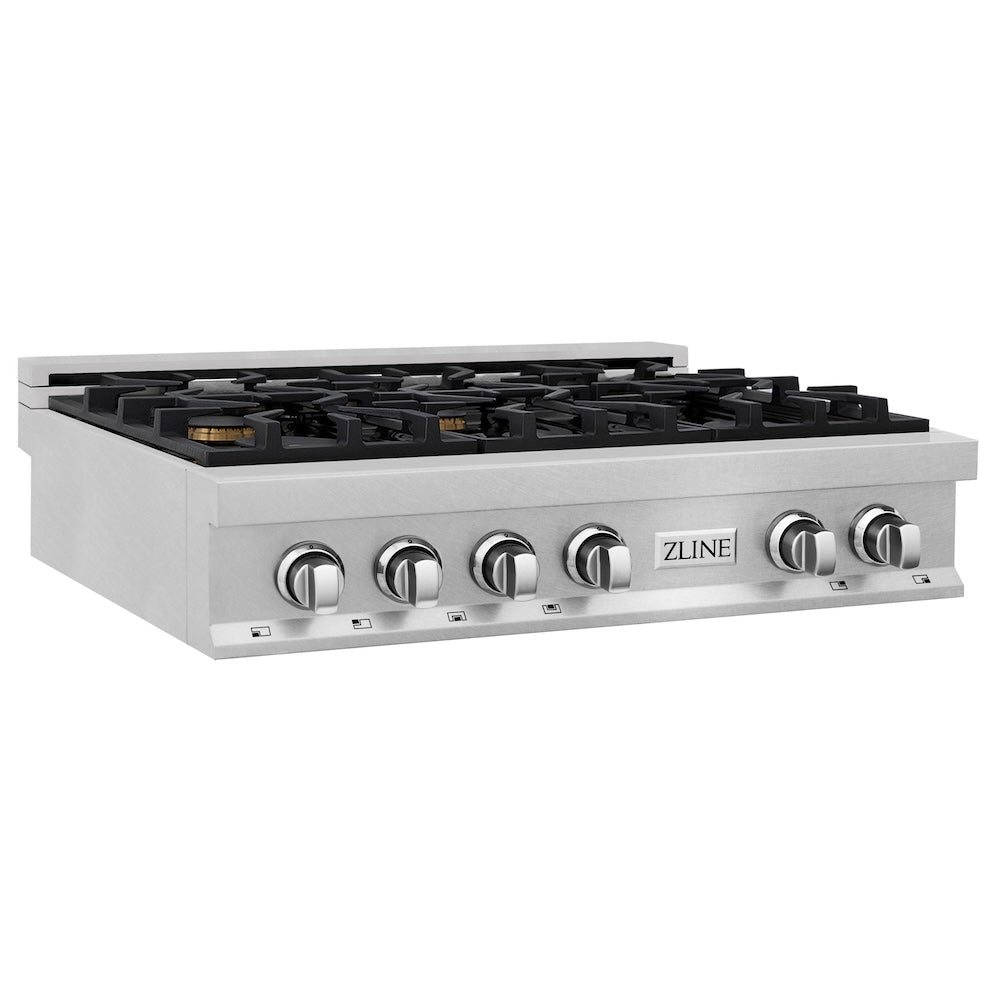 ZLINE 36 in. Porcelain Gas Stovetop in Fingerprint Resistant Stainless Steel with 6 Gas Brass Burners (RTS-BR-36) side, main.