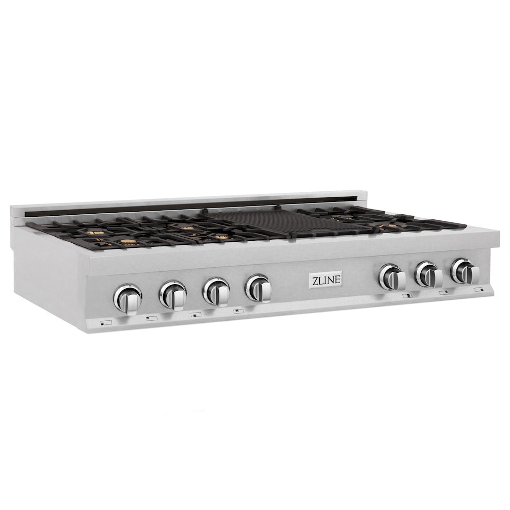 ZLINE 48 in. Porcelain Gas Stovetop in DuraSnow® Stainless Steel with 7 Gas Burners with Brass Burners and Griddle (RTS-BR-48) side, main.